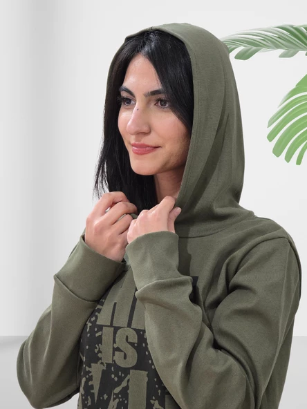 Baskılı Kapüşonlu Swaetshirt (Haki) - Resim 4
