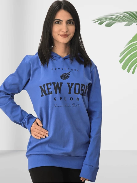 New York Baskılı Kapüşonlu Swaetshirt (Mavi) - Resim 3