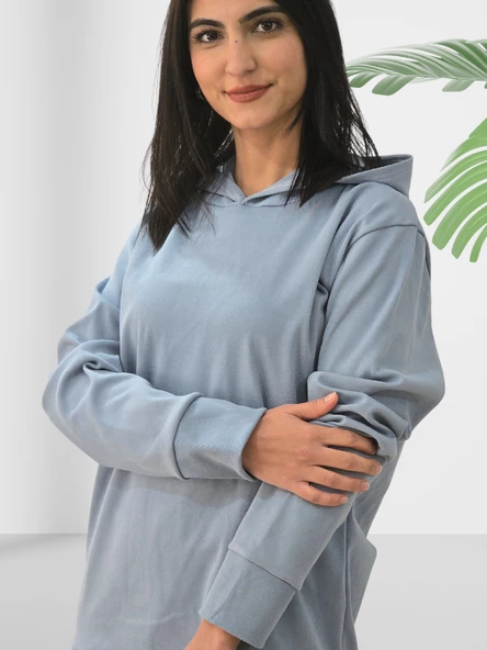 Düz Kapüşonlu Swaetshirt (Gri) - Resim 3