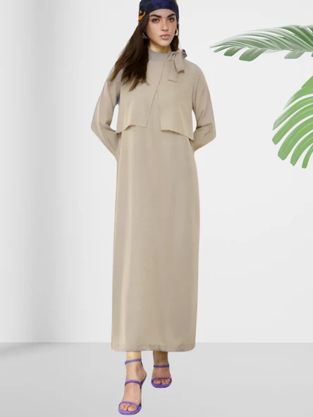 Dökümlü Şal Yaka Uzun Krem Elbise - Resim 3