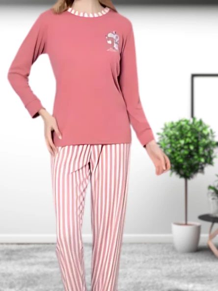 Love Kalp Desenli Pamuk Kadın Pijama Takımı (Pembe) - Resim 2
