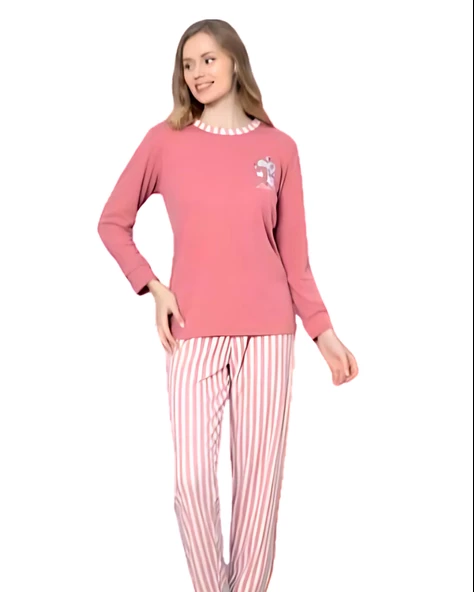 Love Kalp Desenli Pamuk Kadın Pijama Takımı (Pembe)