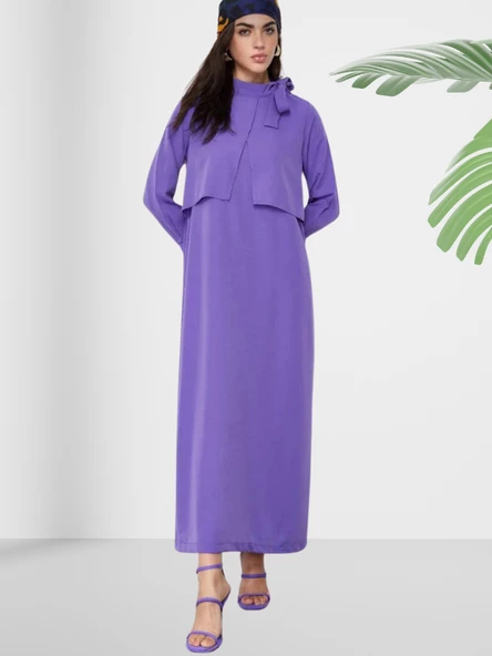 Dökümlü Şal Yaka Uzun Lila Elbise - Resim 2