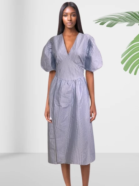 Çizgili V Yaka Balon Kol Fermuarlı Kloş Elbise - Resim 2