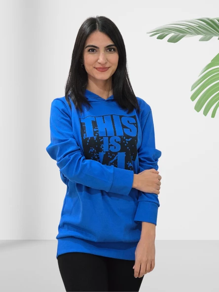 Baskılı Kapüşonlu Swaetshirt (Mavi) - Resim 2