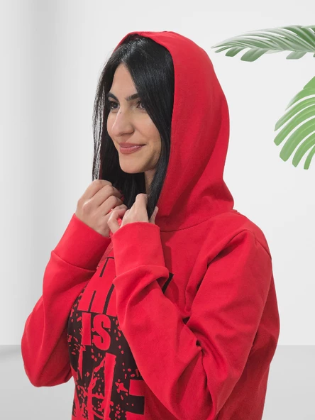 Baskılı Kapüşonlu Swaetshirt (Kırmızı) - Resim 4
