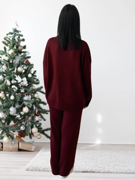Kadın Uzun Kol Yeni Yıl Nakışlı Bisiklet Yaka Triko Kazak Pantolon Takım (Bordo) - 4