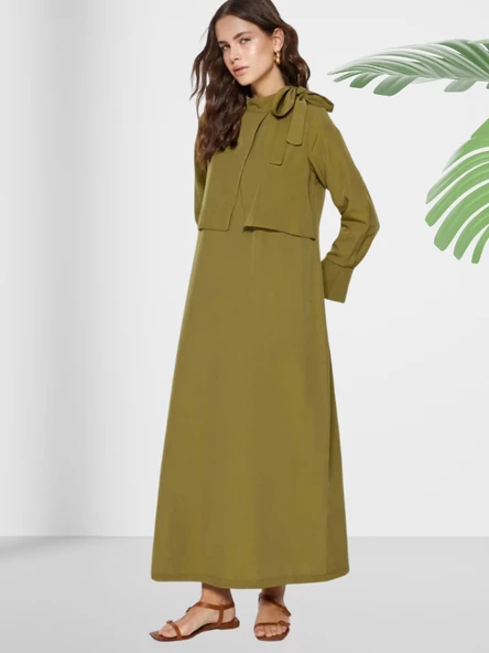 Dökümlü Şal Yaka Uzun Yeşil Elbise - 4