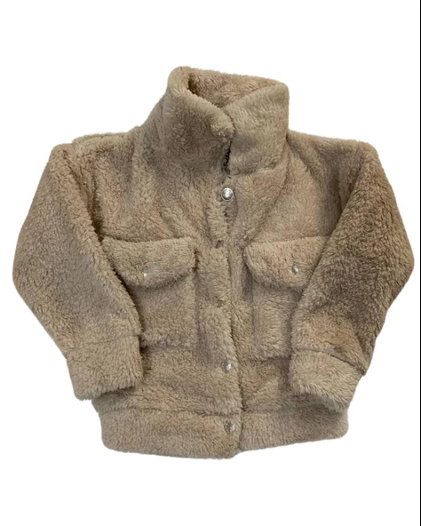 Düğmeli Dik Yaka Peluş Polar Baskılı Kız Çocuk Mont (Taba)