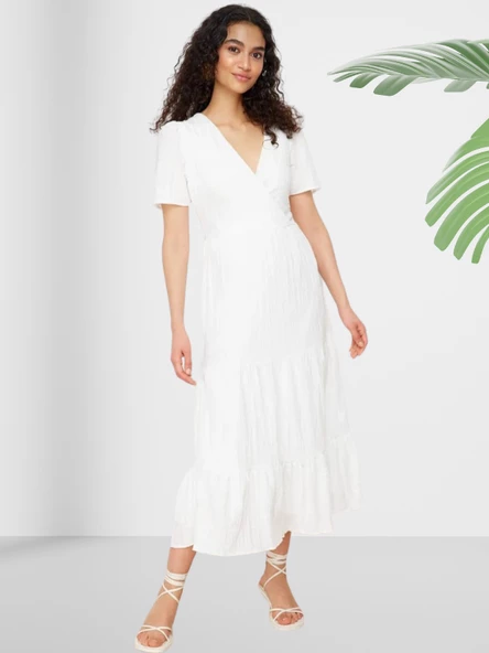 V Yaka Kloş Düz Beyaz Elbise - Resim 5