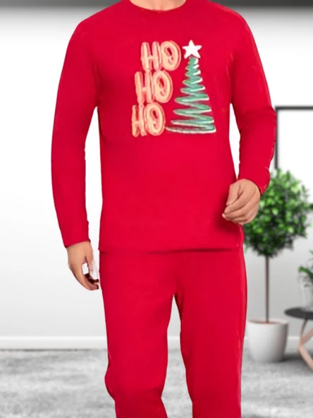 Baskılı Pamuk Erkek Yeni Yıl Pijama Takımı (Ho ho ho) - Resim 3
