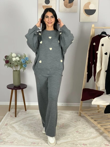 Kadın Uzun Kol Kalpli Bisiklet Yaka Triko Kazak Pantolon Takım (Gri) - Resim 3