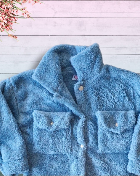 Düğmeli Dik Yaka Peluş Polar Baskılı Kız Çocuk Mont (Yeşil) - 4