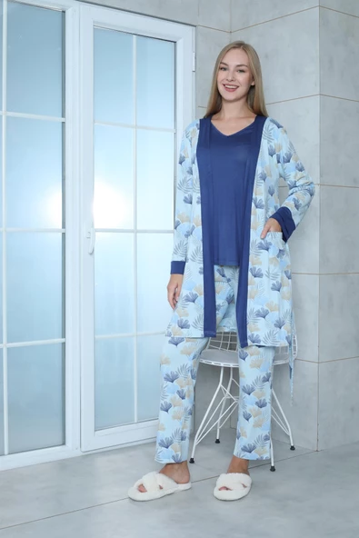 Limissi Viskon Desenli Mavi Pijama Takımı %100 Pamuk - 2