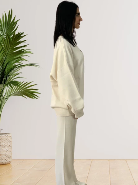 Kadın Uzun Kol Teddy Bear Bisiklet Yaka Triko Kazak Pantolon Takım (Krem) - Resim 4