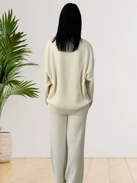 Kadın Uzun Kol Teddy Bear Bisiklet Yaka Triko Kazak Pantolon Takım (Krem) - Resim 5