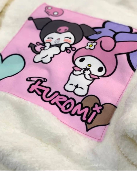 Düğmeli Dik Yaka Peluş Polar Baskılı Kız Çocuk Mont (Beyaz) - 7