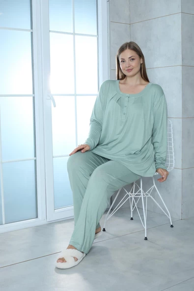 Limissi Viskon Büyük Beden Yeşil Pijama Takımı %100 Pamuk - Resim 4