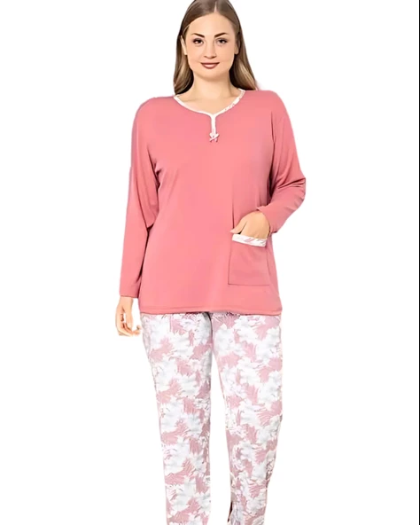 Büyük Beden Desenli Pamuk Kadın Pijama Takımı (Pudra)
