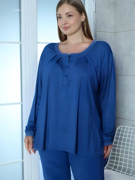 Limissi Viskon Büyük Beden Mavi Pijama Takımı %100 Pamuk - Resim 3