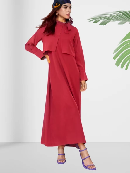 Dökümlü Şal Yaka Uzun Bordo Elbise - Resim 2