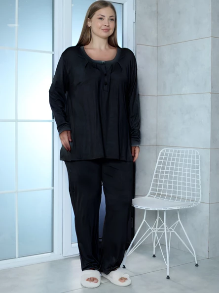 Limissi Viskon Büyük Beden Siyah Pijama Takımı %100 Pamuk - Resim 5