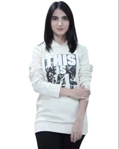 Baskılı Kapüşonlu Swaetshirt (Beyaz)