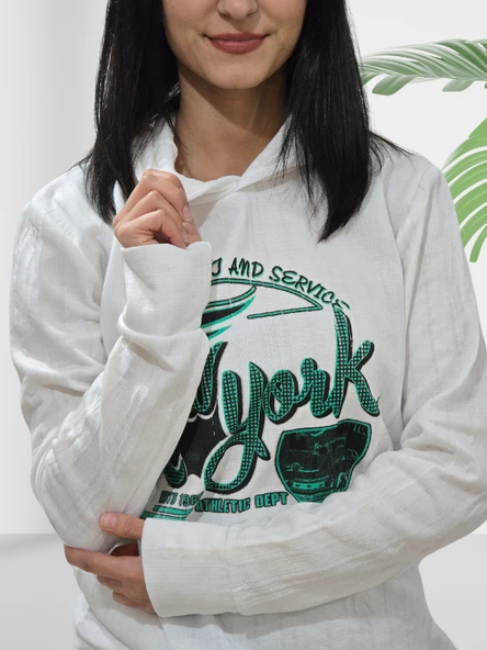New York Kapüşonlu Swaetshirt (Beyaz-Yeşil) - 3