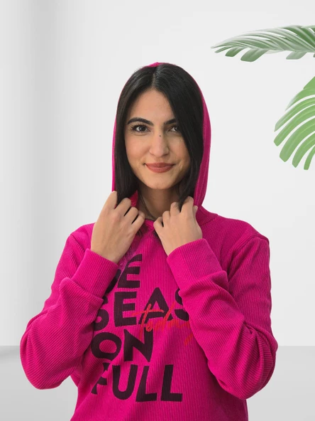 Be Season Baskılı Kapüşonlu Swaetshirt (Fuşya) - Resim 5