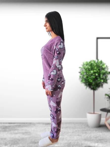 With You Kalp Desenli Kadın Polar Peluş Pijama Takımı (Mor) - Resim 4