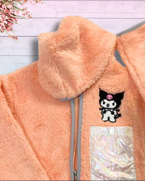Fermuarlı Kapüşonlu Peluş Polar Baskılı Kız Bebek Mont (Pudra) - 2