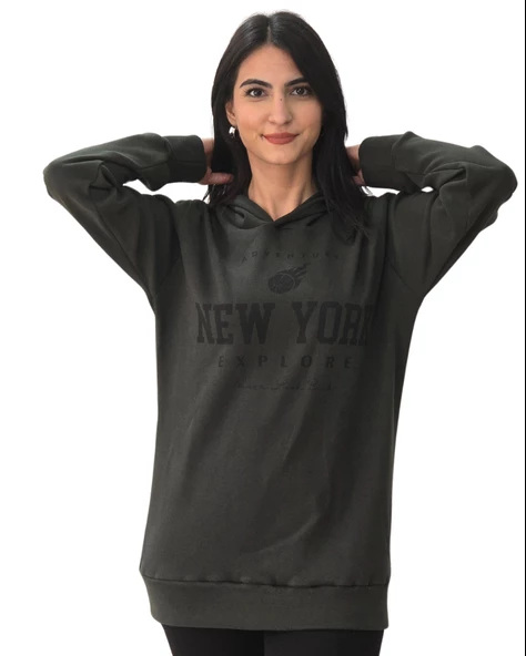 New York Baskılı Kapüşonlu Swaetshirt (Haki)