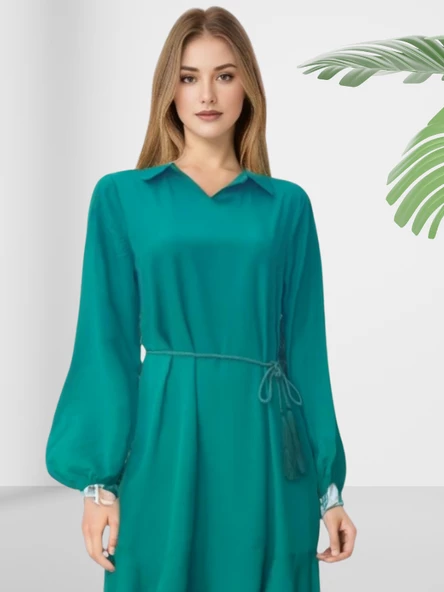 Düz Kuşaklı Yeşil Elbise - Resim 4