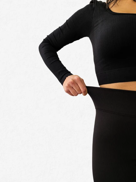 Yüksek Bel Toparlayıcı ve Sıkılaştırıcı Likralı Fitilli Şardonlu Tayt (Siyah) - 6