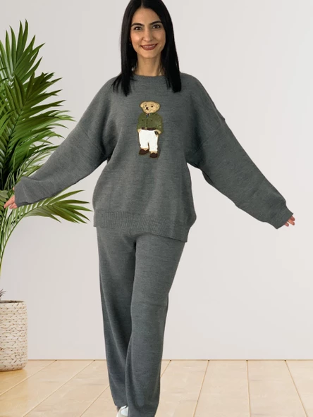 Kadın Uzun Kol Teddy Bear Bisiklet Yaka Triko Kazak Pantolon Takım (Gri) - Resim 3