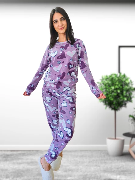 Kalp Desenli Kadın Polar Peluş Pijama Takımı (Mor) - 2