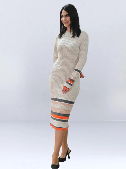 Fitted Kesim Sıfır Yaka Triko Elbise (Bej) - 3