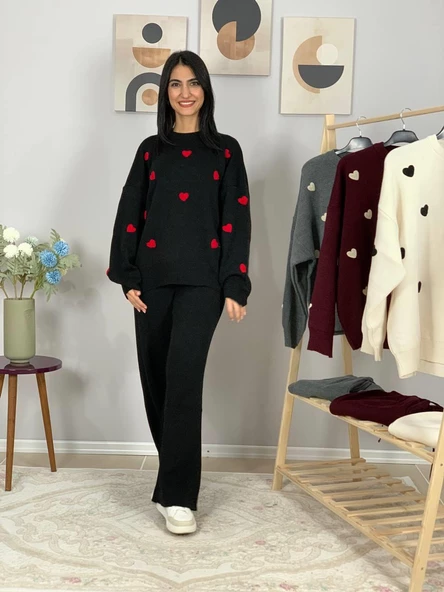 Kadın Uzun Kol Kalpli Bisiklet Yaka Triko Kazak Pantolon Takım (Siyah) - Resim 2