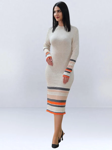 Fitted Kesim Sıfır Yaka Triko Elbise (Bej) - 2