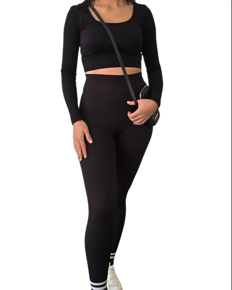 Yüksek Bel Toparlayıcı ve Sıkılaştırıcı Likralı Fitilli Şardonlu Tayt (Siyah)