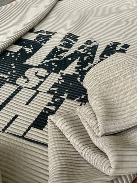 Baskılı Kapüşonlu Swaetshirt (Çizgili Taba) - Resim 6