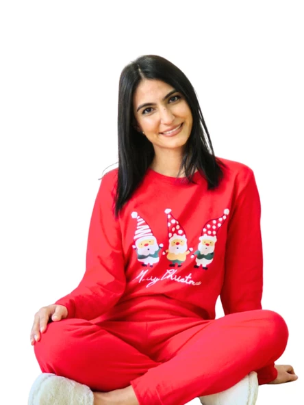 Baskılı Pamuk Kadın Yeni Yıl Pijama Takımı (Noel Baba) - Resim 2