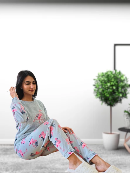 Happy Days Flamingo Desenli Kadın Polar Peluş Pijama Takımı (Yeşil) - Resim 4