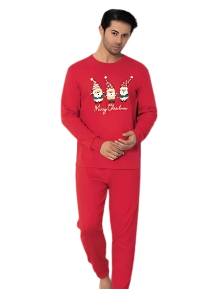 Baskılı Pamuk Erkek Yeni Yıl Pijama Takımı (Noel Baba)