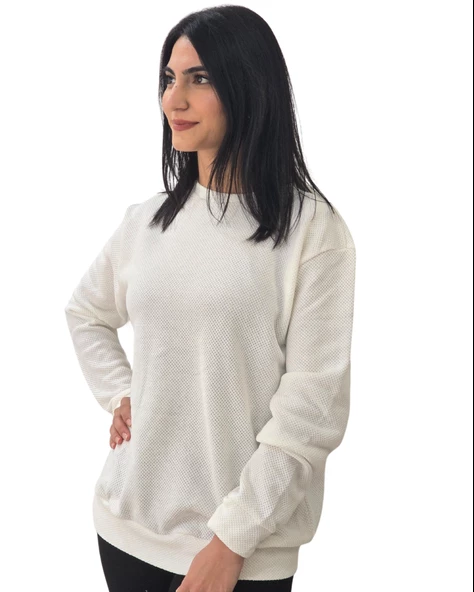 Düz Sıfır Yaka Triko Görünüm Sweatshirt (Beyaz)