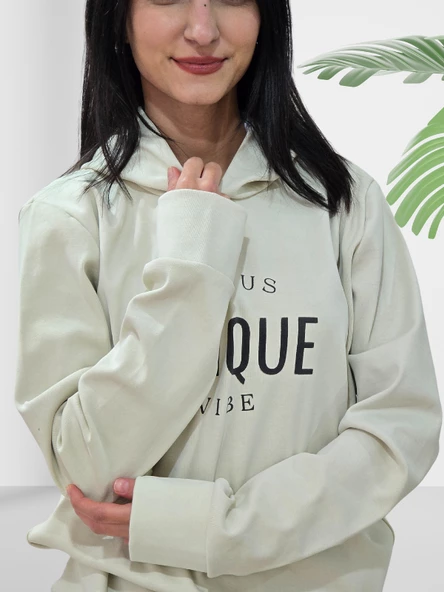 Unique Baskılı Kapüşonlu Swaetshirt (Krem) - Resim 3