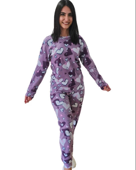 Kalp Desenli Kadın Polar Peluş Pijama Takımı (Mor)