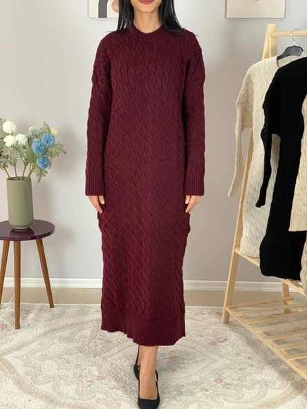 Bsiklet Yaka Saç Örgülü Triko Midi Elbise (Bordo) - 6