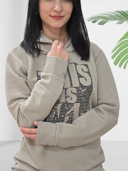 Baskılı Kapüşonlu Swaetshirt (Çizgili Taba) - Resim 3