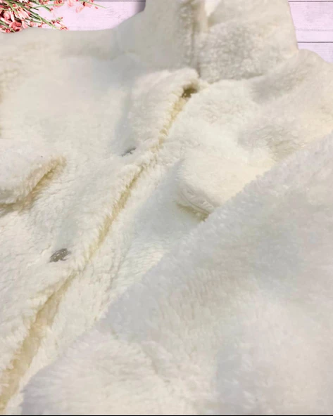 Düğmeli Dik Yaka Peluş Polar Baskılı Kız Çocuk Mont (Beyaz) - 6
